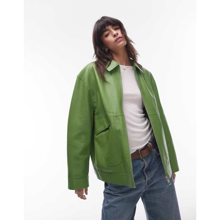 Topshop premium real leather jacket in green | ASOS