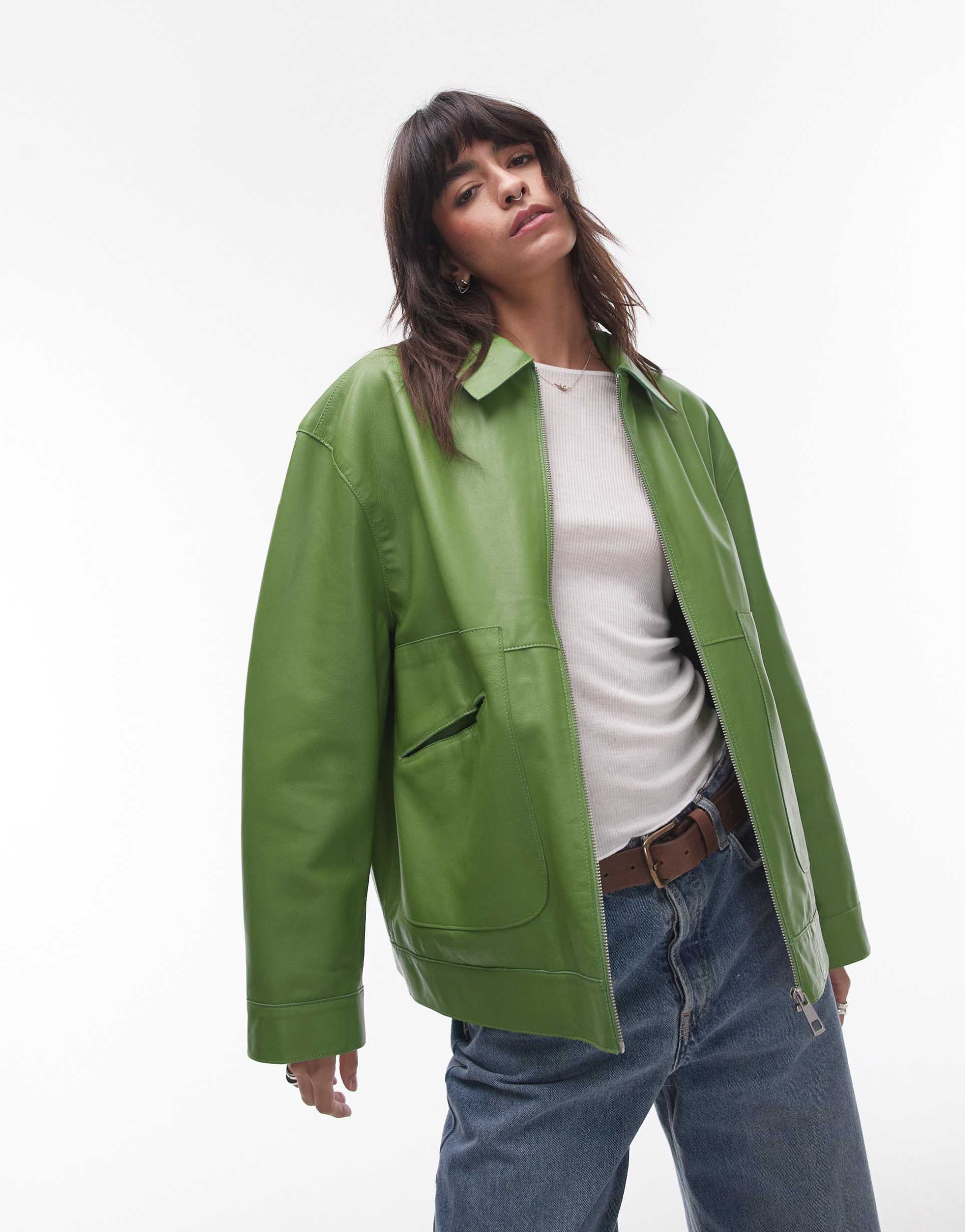 topshop premium real leather jacket in green