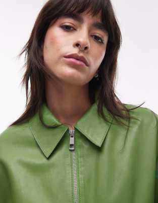 Topshop Premium Real Leather Jacket In Green