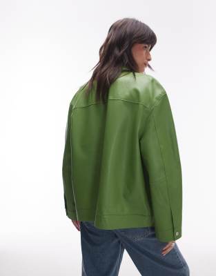Topshop premium real leather jacket in green | ASOS