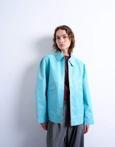 Topshop premium real leather jacket in turquoise - view 1