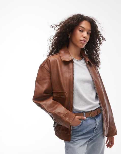 Topshop premium real leather oversized bomber jacket in brown - view 1