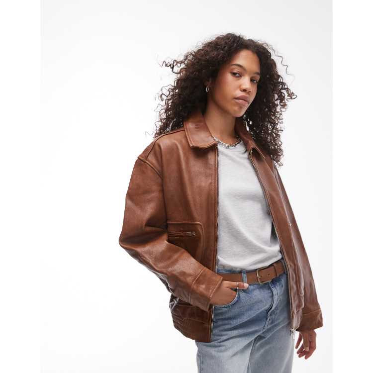 Topshop premium real leather oversized bomber jacket in brown | ASOS