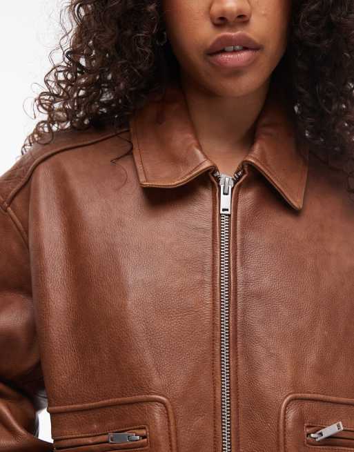 Topshop premium real leather oversized bomber jacket in brown | ASOS
