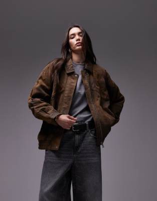 Topshop Premium Real Leather Oversized Bomber Jacket In Stone-neutral