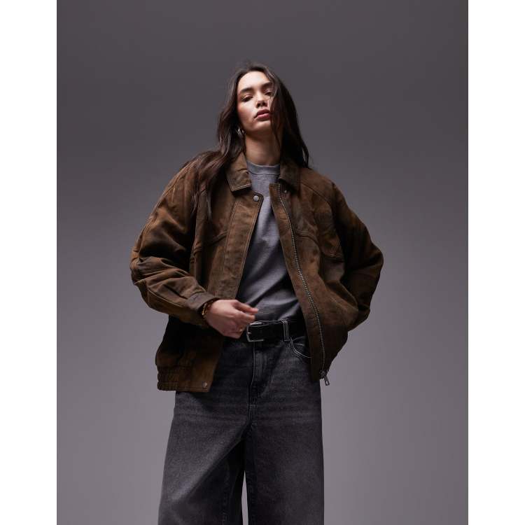 Topshop Premium real leather oversized bomber jacket in stone ASOS