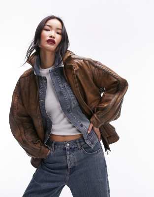 Topshop premium real leather oversized bomber jacket in tan