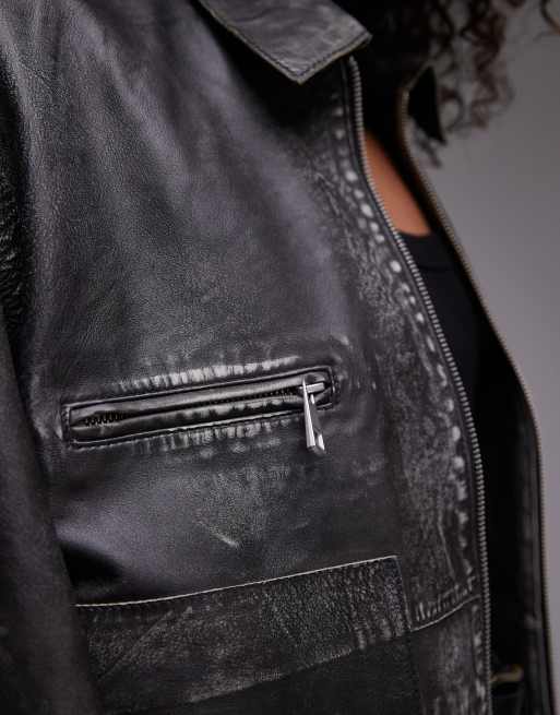 Topshop premium real leather zip through jacket in washed black