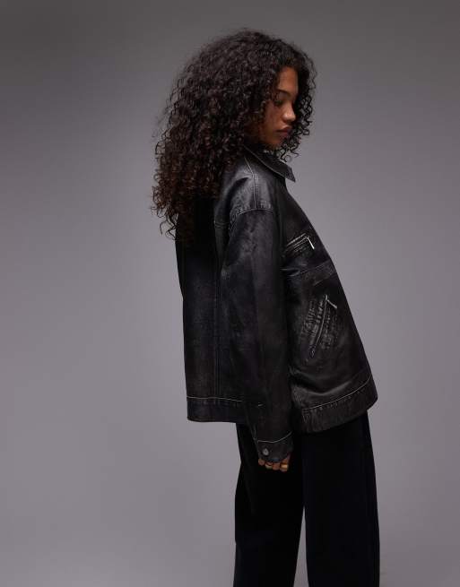 Topshop premium real leather zip through jacket in washed black ASOS