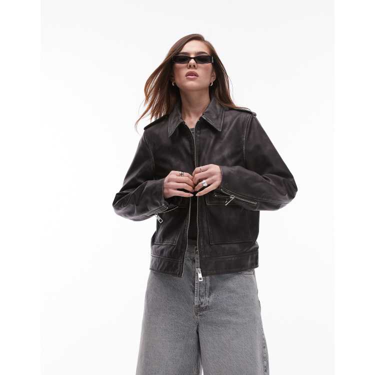 Topshop premium real leather zip up jacket in black | ASOS