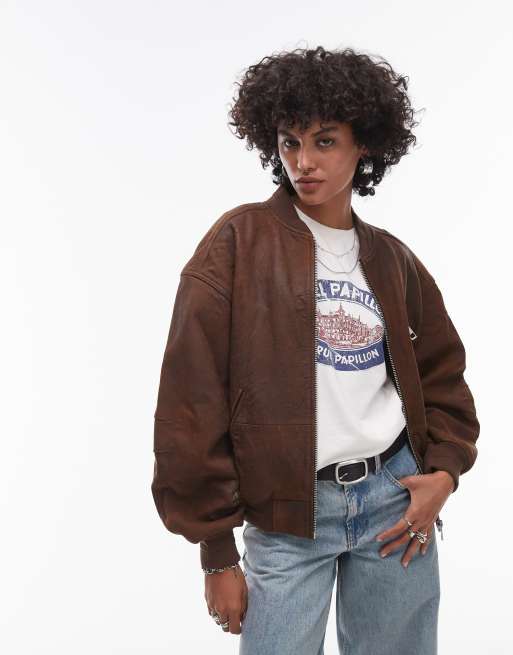 Topshop premium real suede bomber jacket in brown