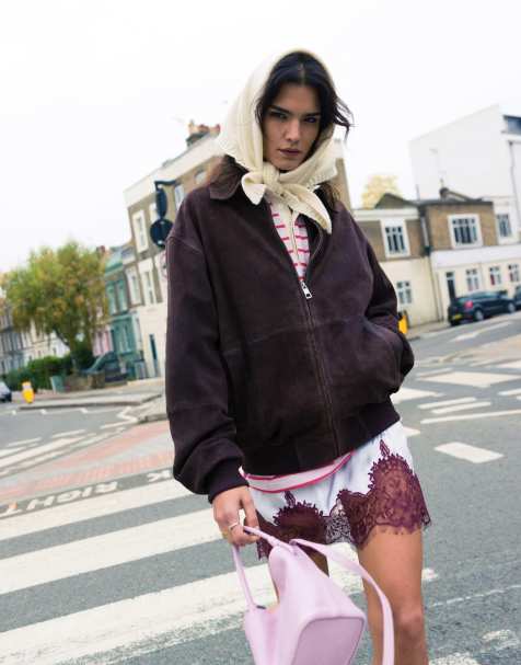 Topshop premium real suede bomber jacket in chocolate - view 1