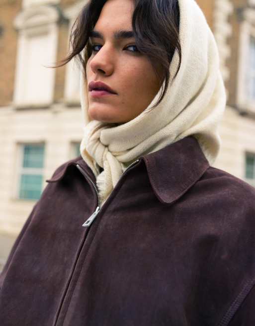 Topshop premium real suede bomber jacket in chocolate