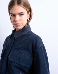 Model wearing Premium real suede jacket in navy