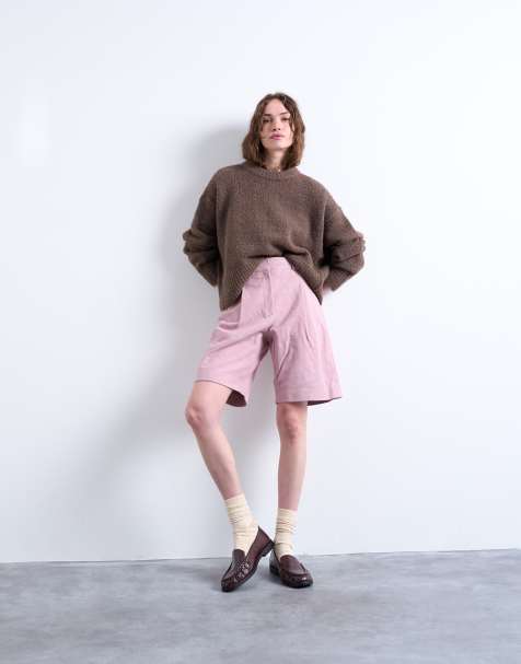 Topshop co ord premium real suede longline shorts in pink