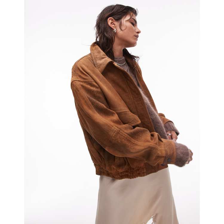 Topshop premium real suede oversized bomber jacket in tan | ASOS