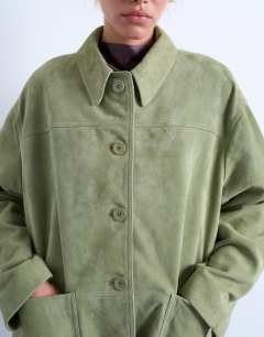 Model wearing Premium real suede patch pocket boxy jacket in green