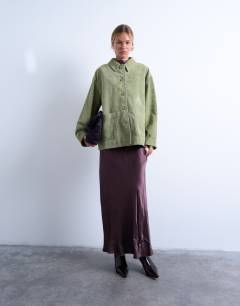 Model wearing Premium real suede patch pocket boxy jacket in green