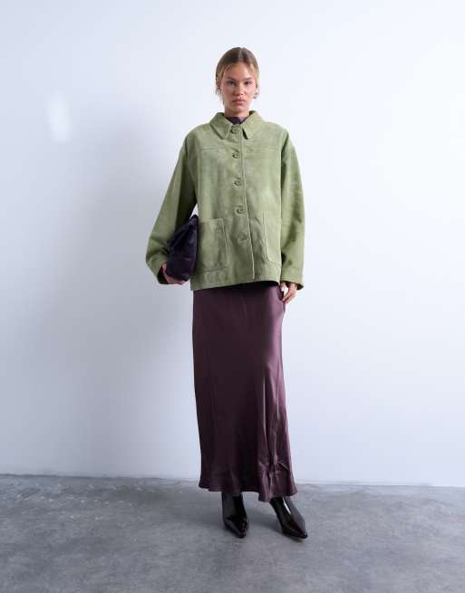 Topshop premium real suede patch pocket boxy jacket in green, 3 of 4