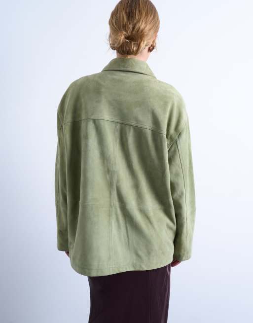 Topshop premium real suede patch pocket boxy jacket in green, 4 of 4