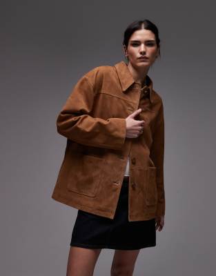Topshop Premium Real Suede Patch Pocket Boxy Jacket In Brown