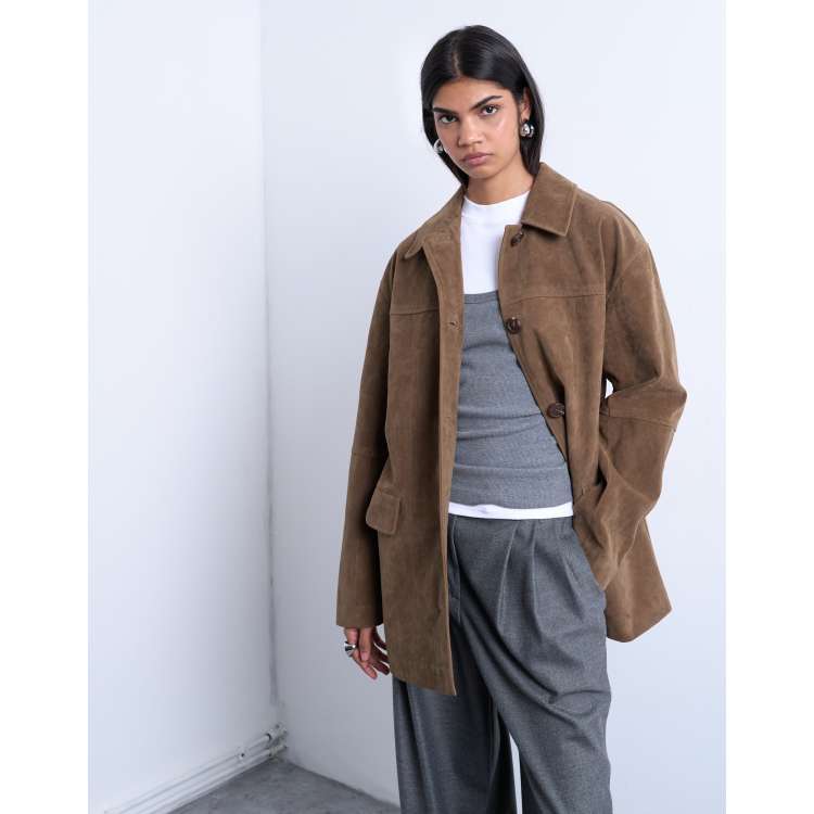 Topshop premium real suede patch pocket boxy jacket in tan | ASOS