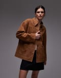 [Topshop] Topshop premium real suede patch pocket boxy jacket in tan-Brown XS tan