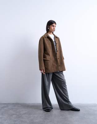 Topshop Premium Real Suede Patch Pocket Boxy Jacket In Brown