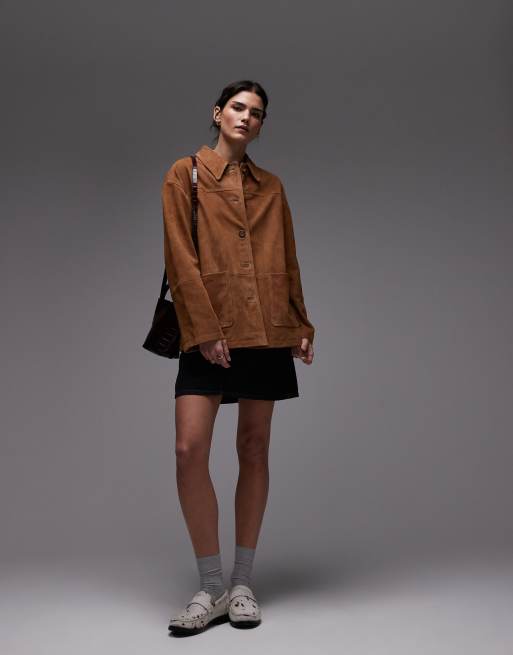 Topshop premium real suede patch pocket boxy jacket in tan