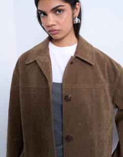 Model wearing Premium real suede patch pocket boxy jacket in tan