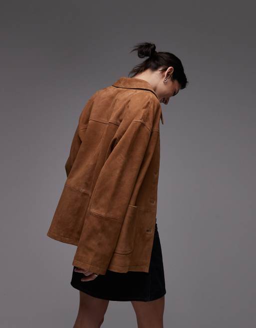 Topshop premium real suede patch pocket boxy jacket in tan