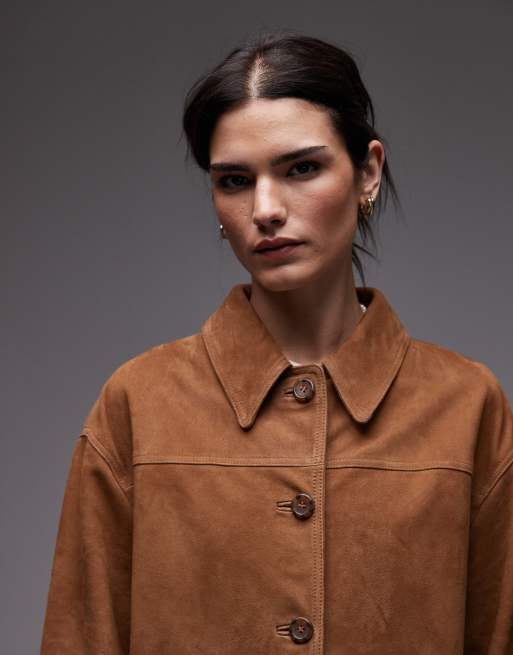 Topshop premium real suede patch pocket boxy jacket in tan