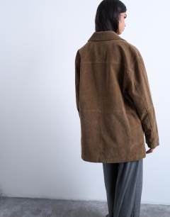 Model wearing Premium real suede patch pocket boxy jacket in tan