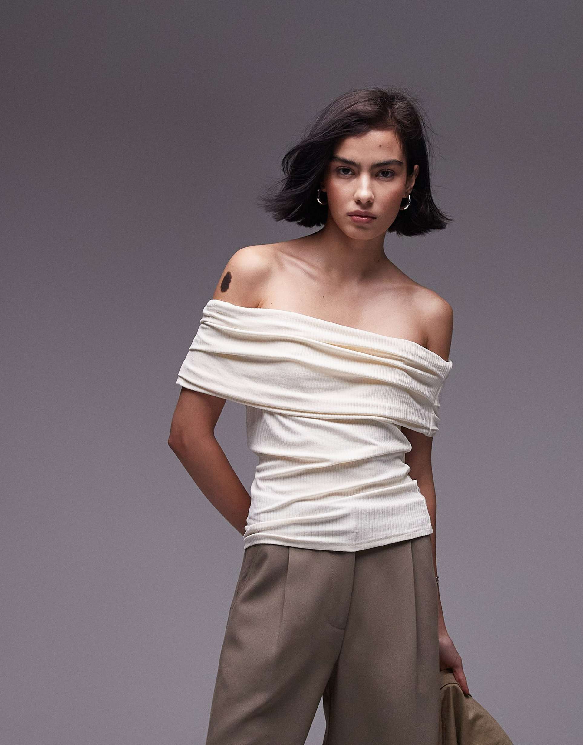 topshop premium rib bardot top in ecru