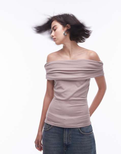 Topshop premium rib bardot top in washed pink - view 1