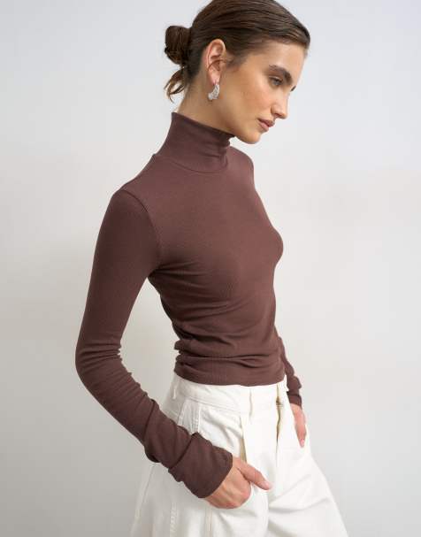 Topshop premium rib funnel neck long sleeve top in chocolate - view 1