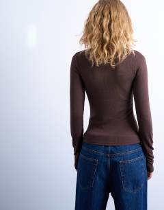 Model wearing Premium rib funnel neck top in chocolate brown
