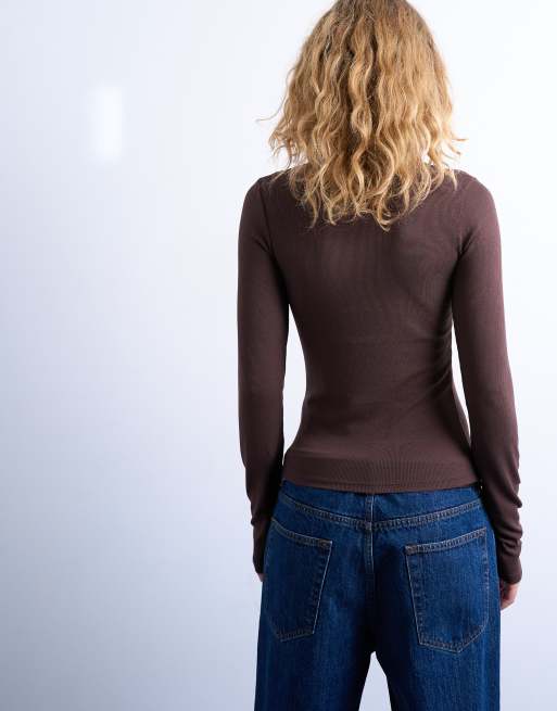 Topshop premium rib funnel neck top in chocolate brown, 4 of 4