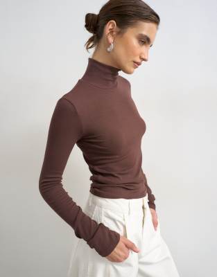 Topshop Premium Rib Knit Funnel Neck Long Sleeve Top In Brown