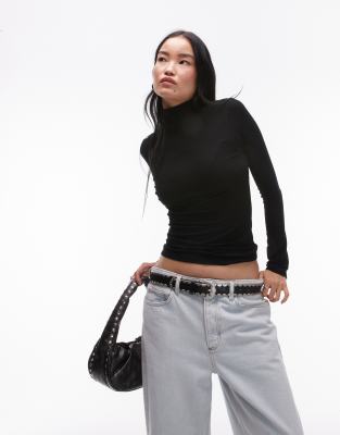 Topshop Premium Rib Long Sleeve Funnel Neck Top In Black-no Color