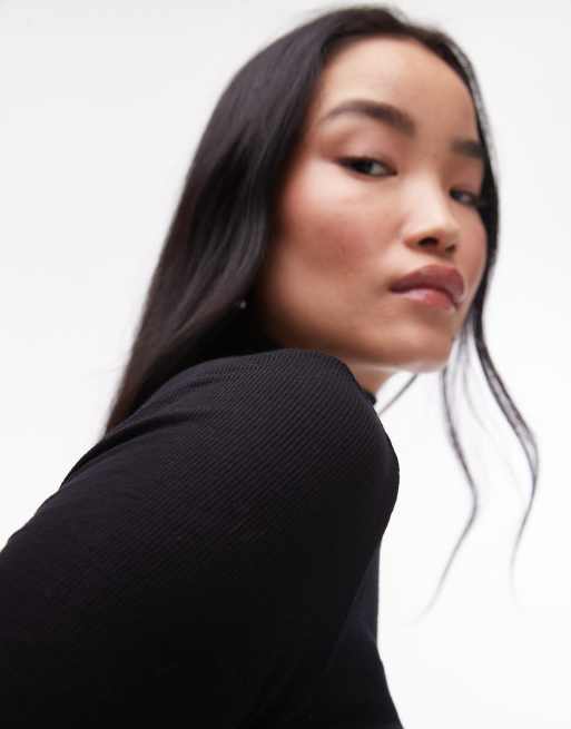 Topshop premium rib long sleeve funnel neck top in black, 2 of 4