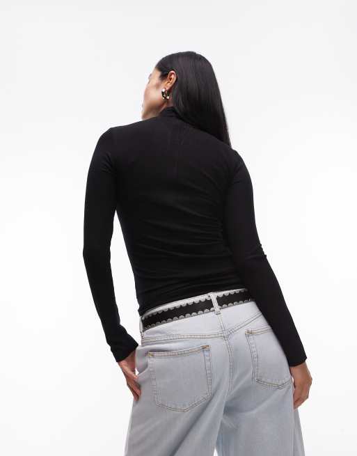 Topshop premium rib long sleeve funnel neck top in black, 3 of 4