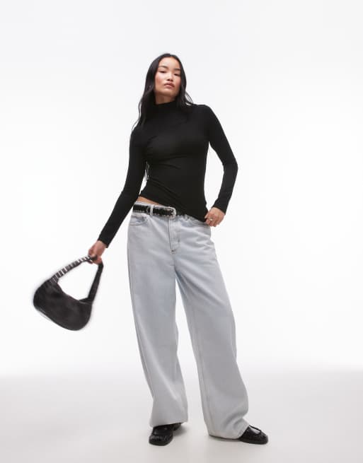 Topshop premium rib long sleeve funnel neck top in black, 4 of 4