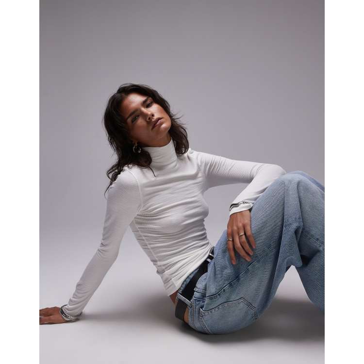 Topshop premium rib long sleeve funnel neck top in ecru ASOS