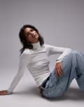 [Topshop] Topshop premium rib long sleeve funnel neck top in ecru-No colour XS Ecru