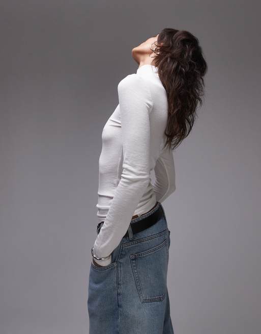Topshop premium rib long sleeve funnel neck top in ecru