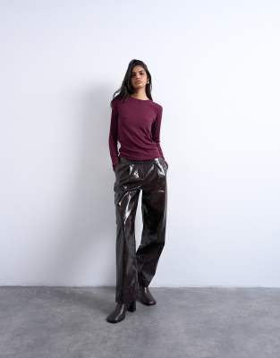 Topshop Premium Rib Long Sleeve Top In Red