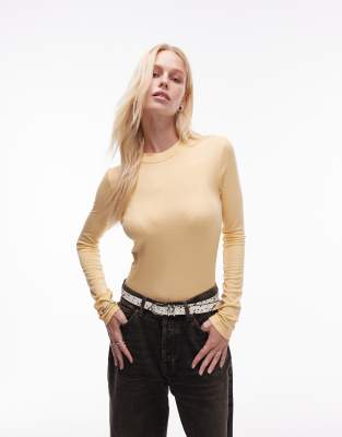 Topshop premium rib long sleeve top in buttermilk-Yellow