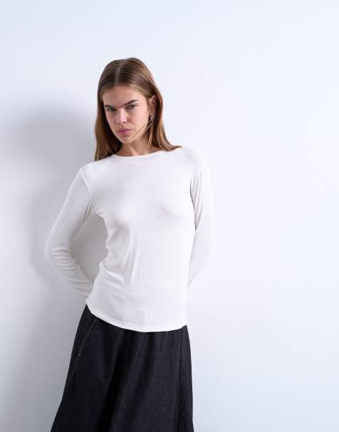 Topshop premium rib long sleeve top in ecru - view 1
