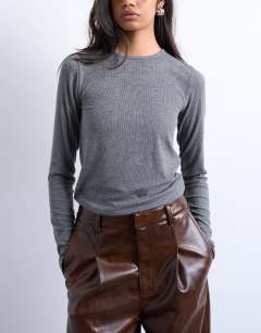 Premium rib long sleeve top in grey marl